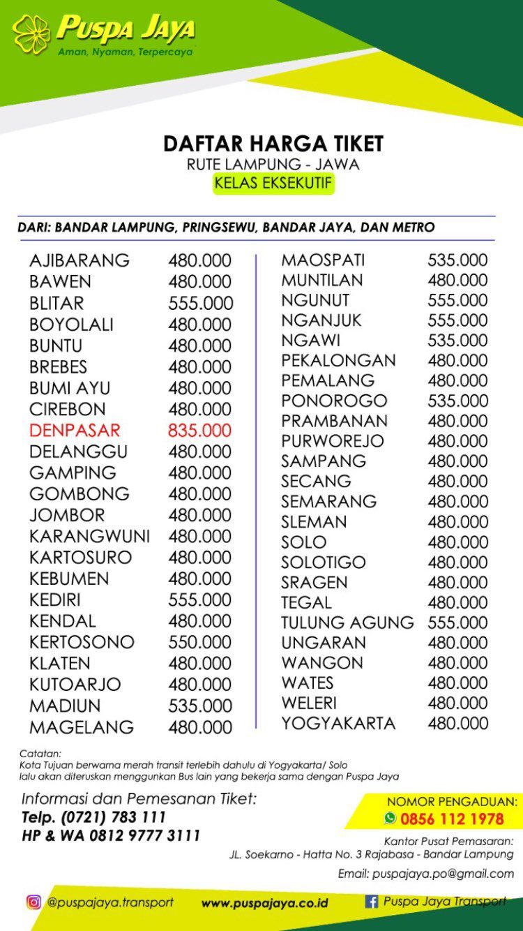 Harga Tiket Puspa Jaya Terbaru 2023